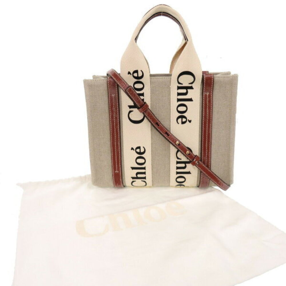 Chloe Woody Tote Bag Leather Canvas White Brown - Picture 2 of 8